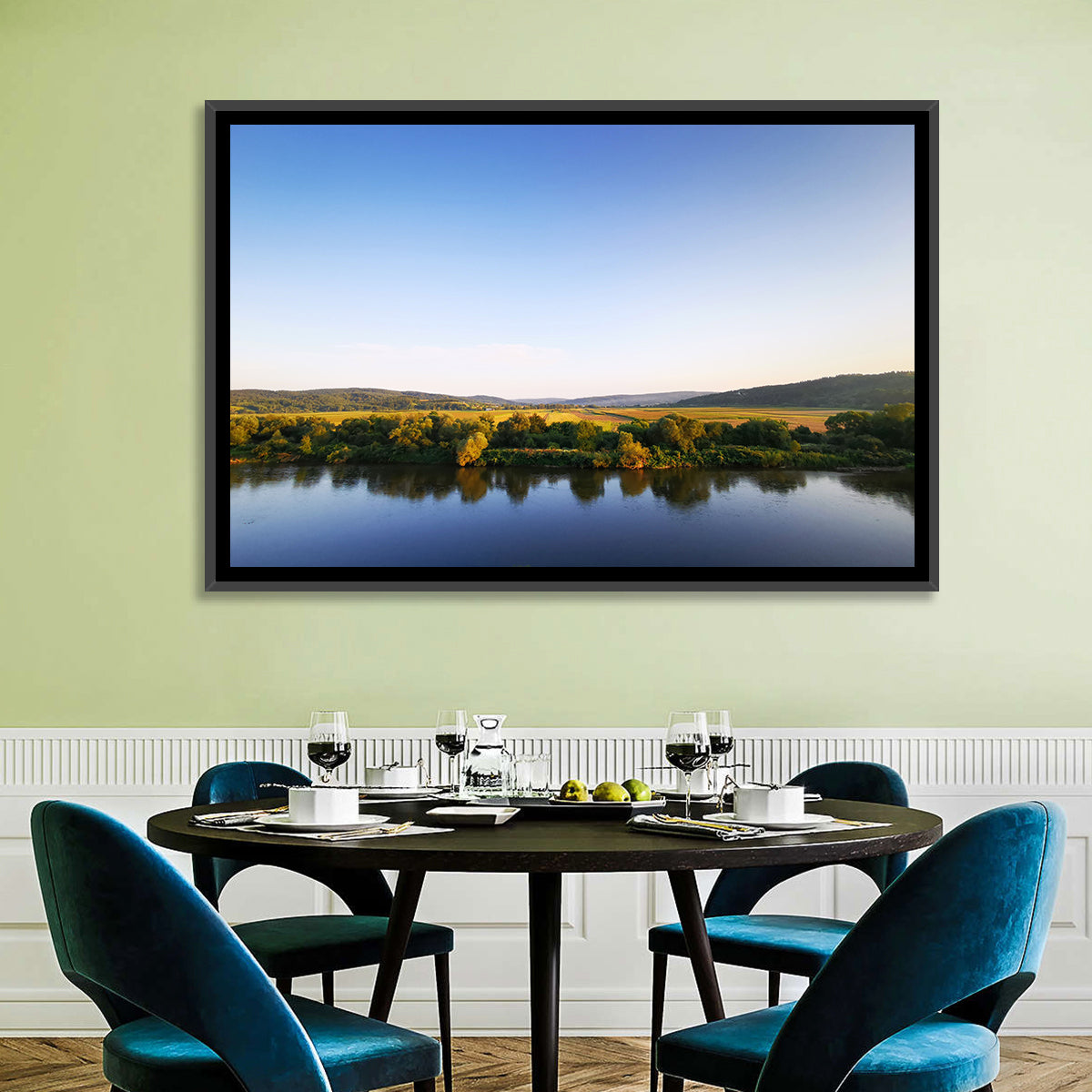 Peaceful River Sunset Wall Art in a room, landscape