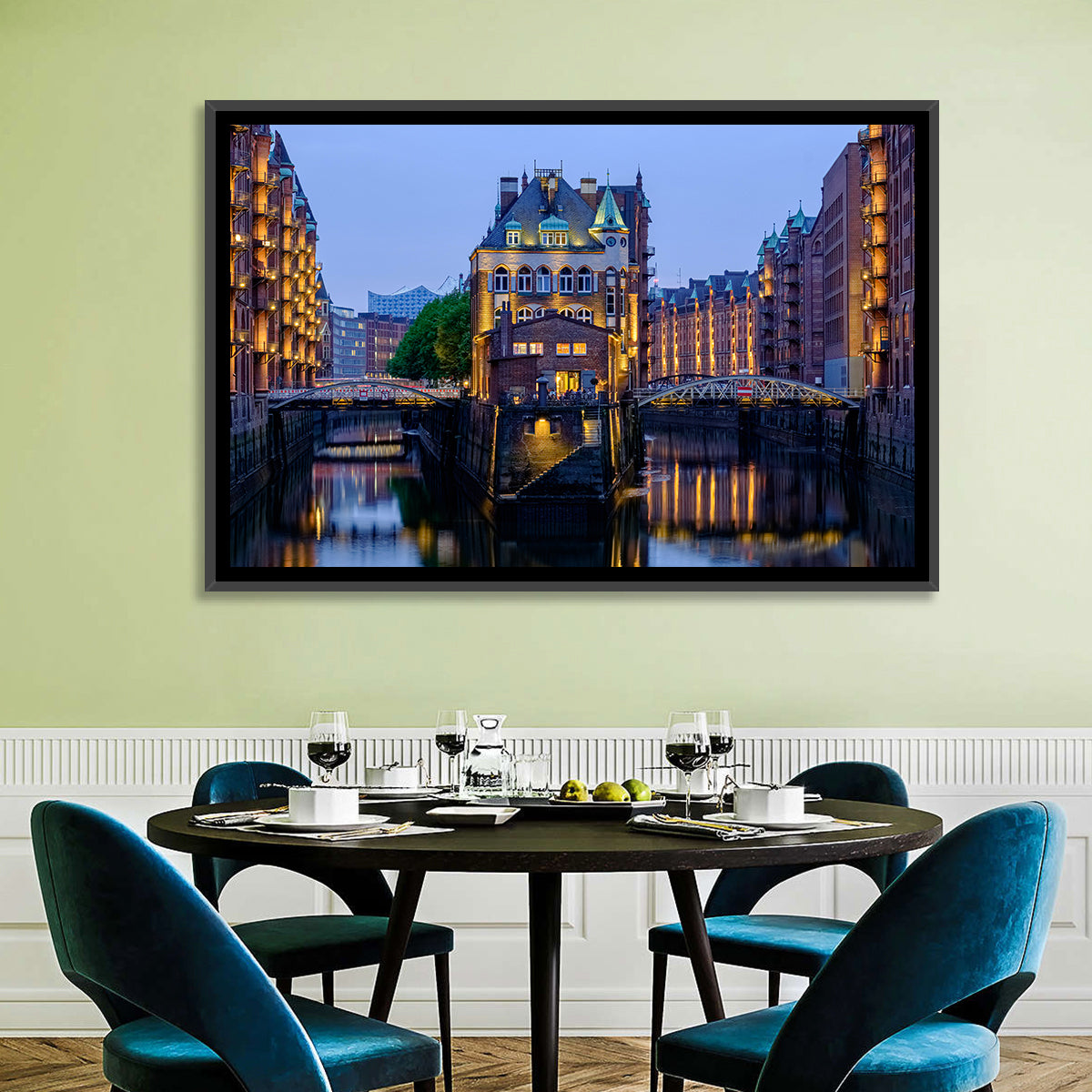 Wasserschloss Blue Hour Reflections Wall Art in a room, landscape