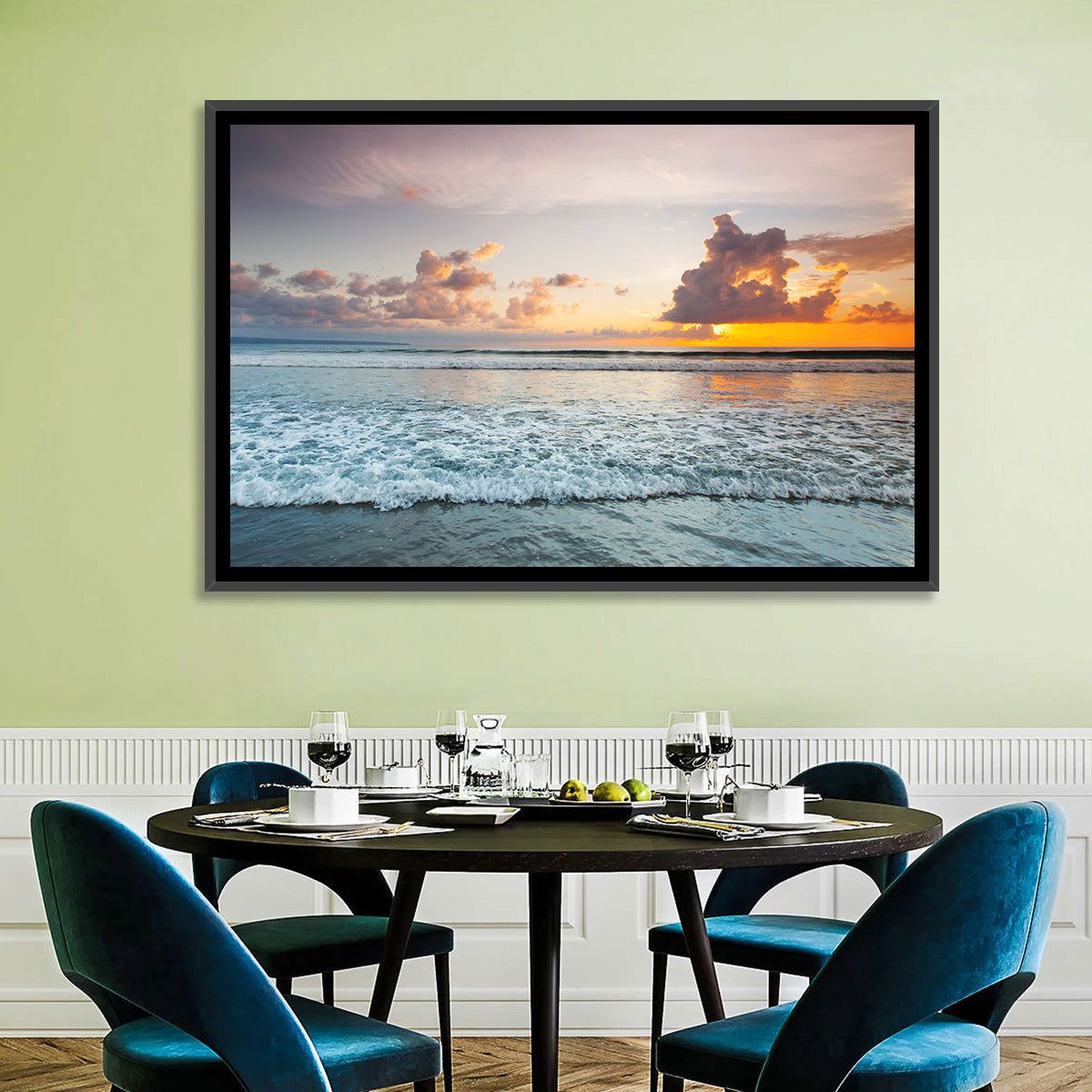 Golden Hour Beach Sunset Surf Wall Art in a room, landscape