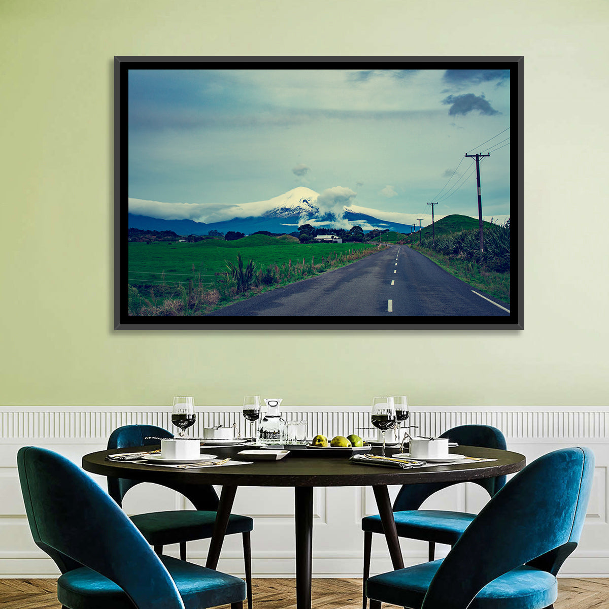 Empty Road to Mount Taranaki Wall Art in a room, landscape