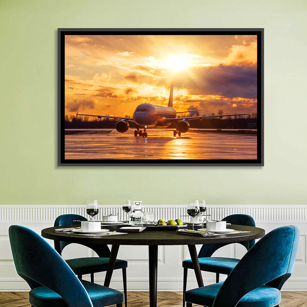Golden Hour Airliner on Wet Runway Wall Art in a room, landscape