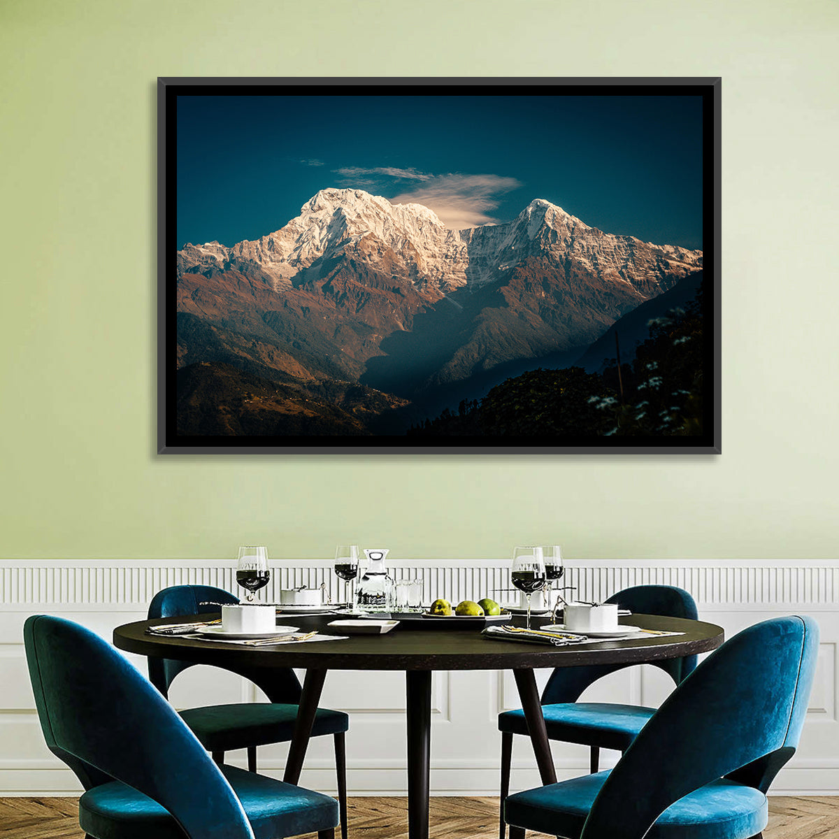 Annapurna South Summit with Wispy Clouds Wall Art in a room, landscape