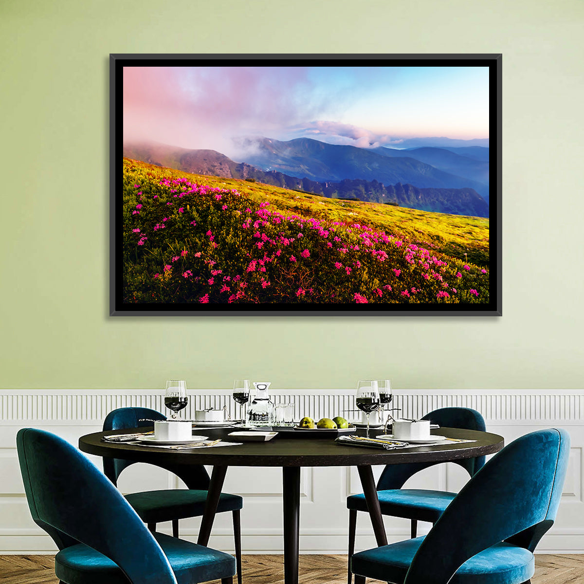 Alpine Rhododendron Meadow at Golden Hour Wall Art in a room, landscape