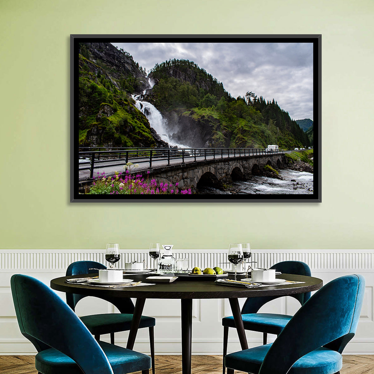 Låtefossen Stone Bridge and Waterfall Wall Art in a room, landscape