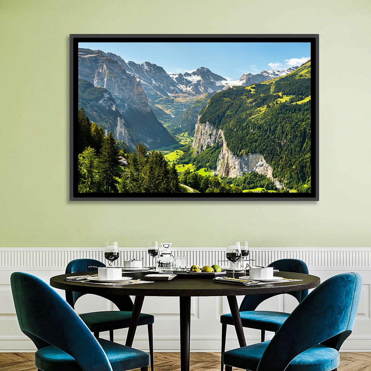 Lauterbrunnen Valley Waterfall View Wall Art in a room, landscape