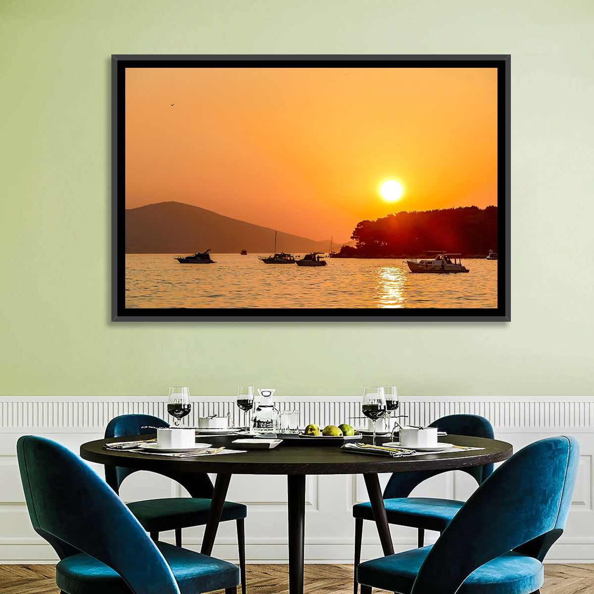 Golden Harbor Sunset Wall Art in a room, landscape