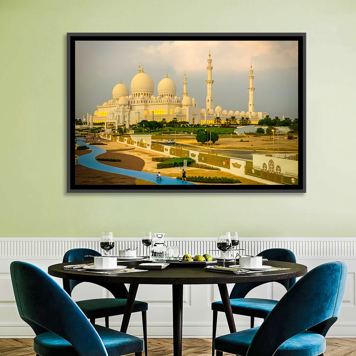 Sheikh Zayed Grand Mosque at Golden Dusk Wall Art in a room, landscape