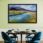 Misty Autumn River and Mountain Landscape Wall Art