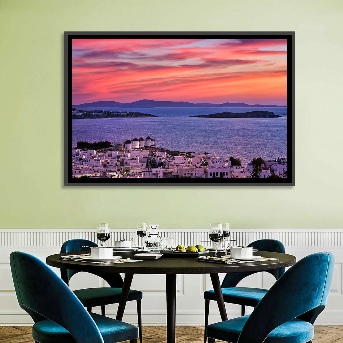Mykonos Windmills at Sunset Wall Art in a room, landscape