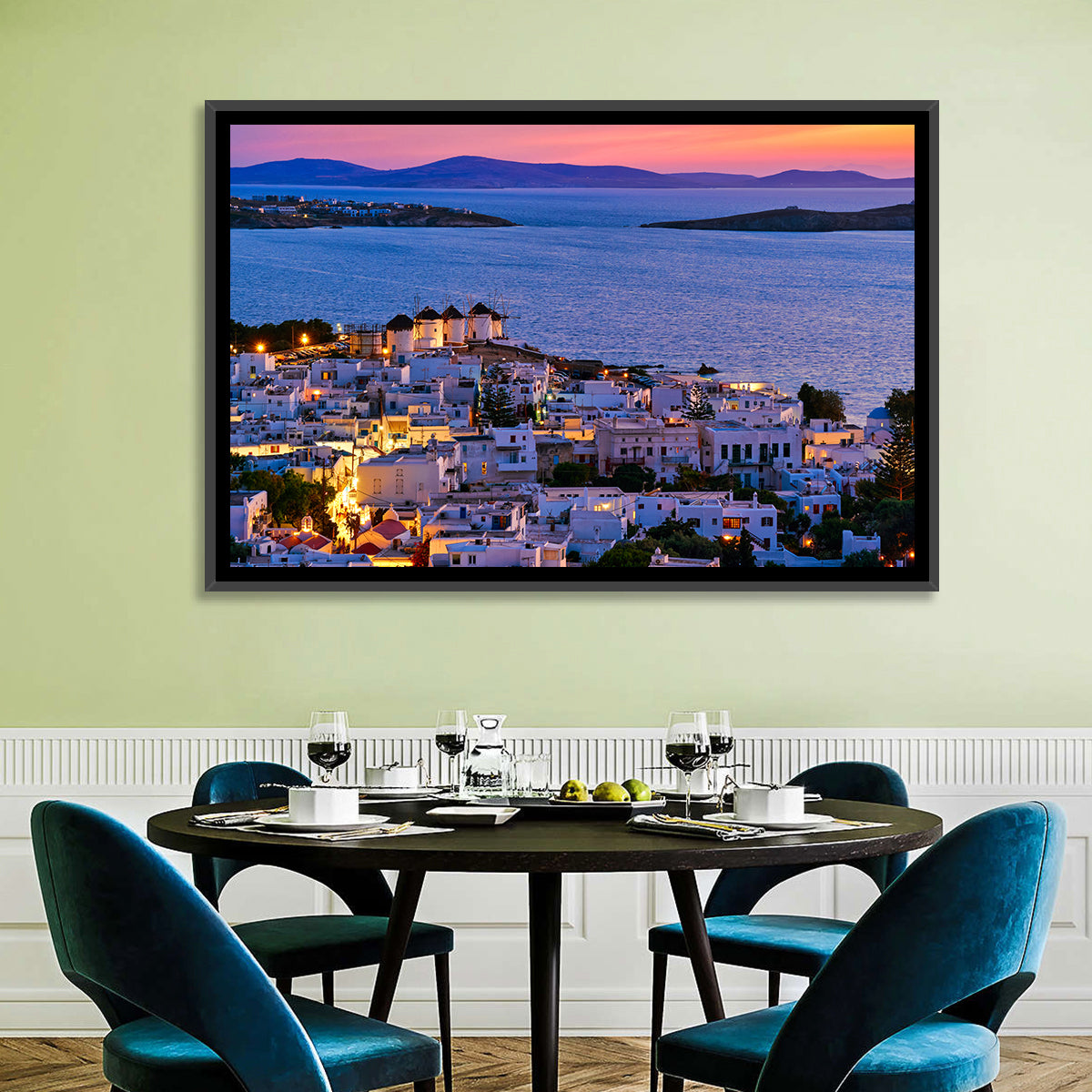 Kato Mili Windmills at Twilight Wall Art in a room, landscape