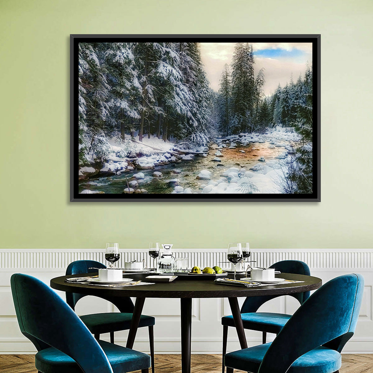 Winter Creek in Snowy Pines Wall Art in a room, landscape