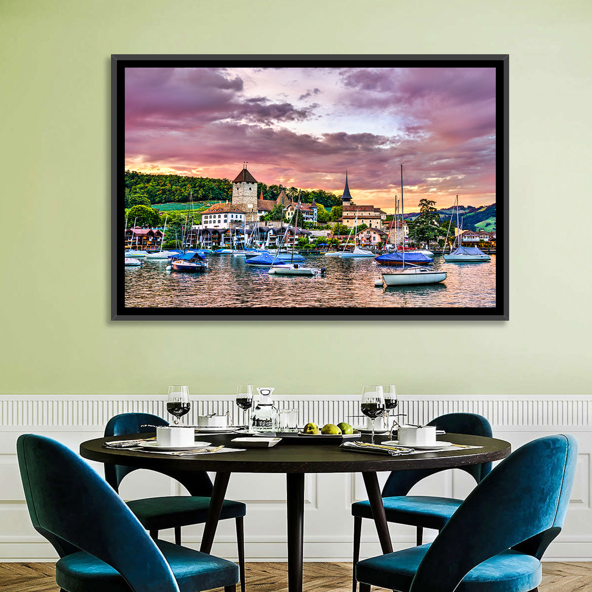 Spiez Castle Harbor Sunset Wall Art