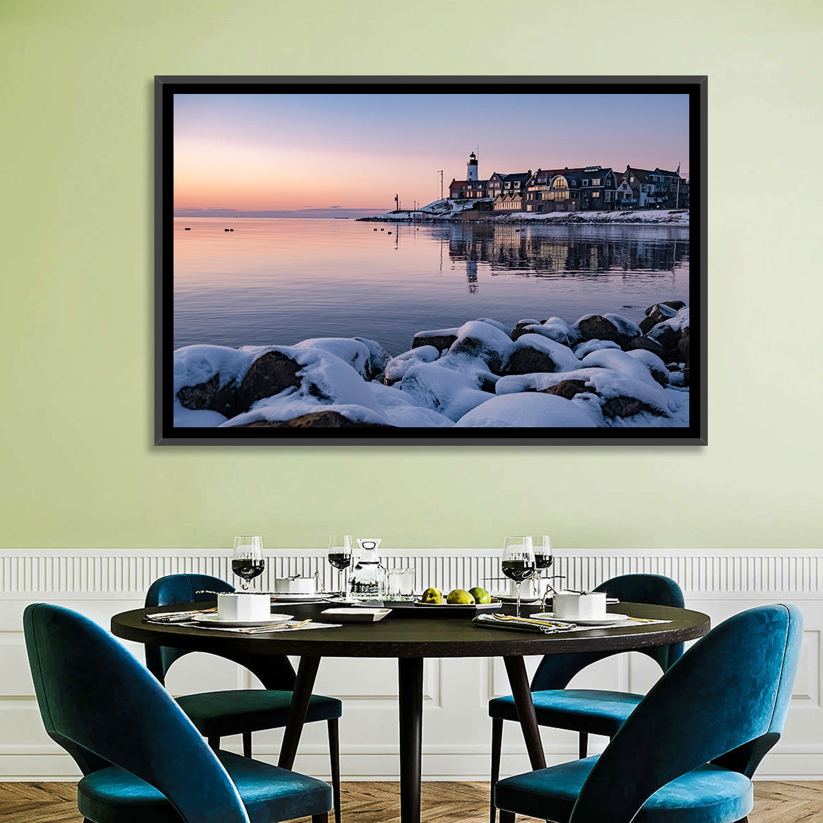Urk Lighthouse Winter Twilight Harbor Wall Art in a room, landscape