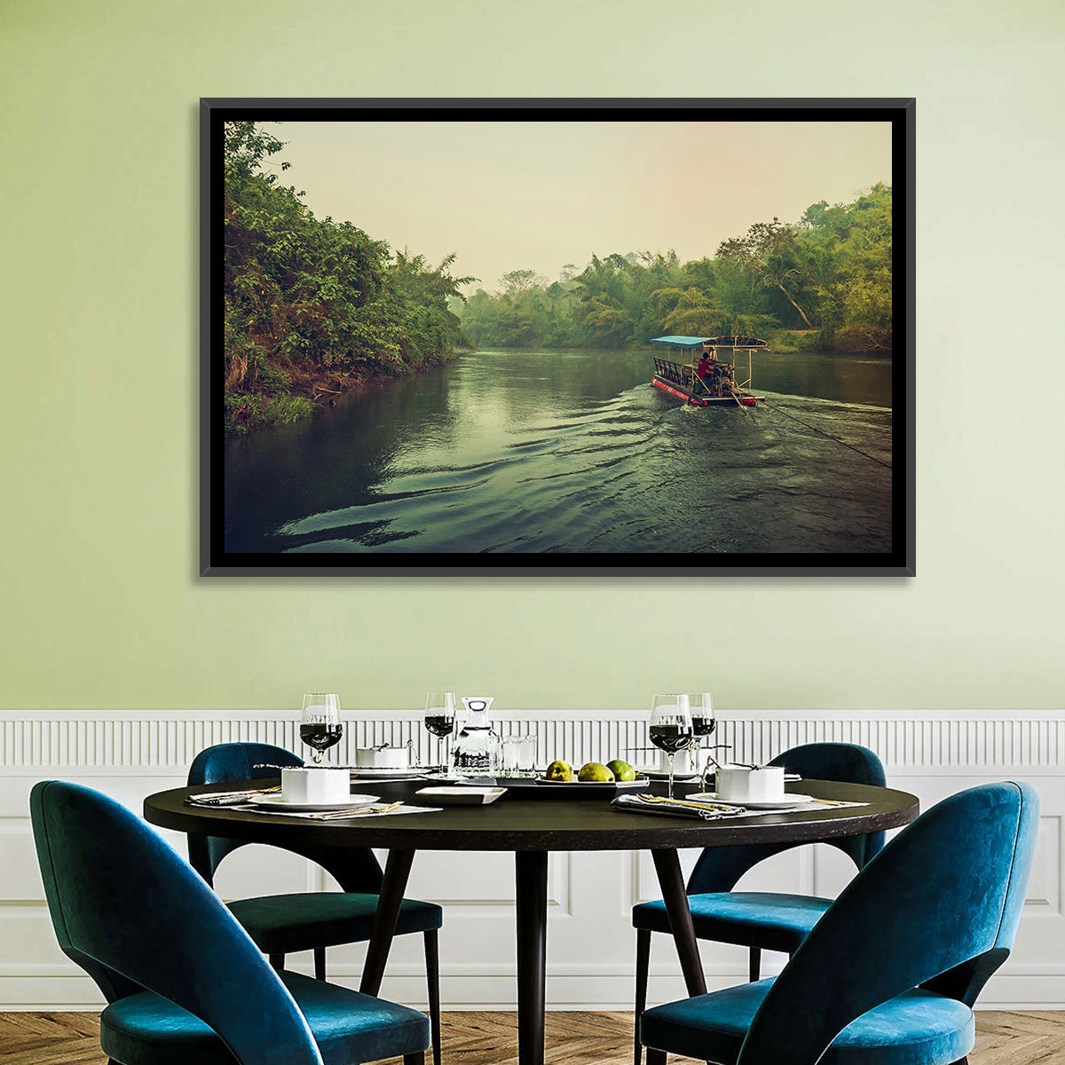 Misty Long-tail Boat on River Kwai Wall Art in a room, landscape