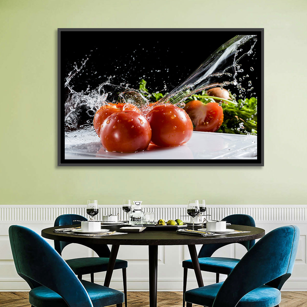 Tomatoes with Water Splash Wall Art in a room, landscape