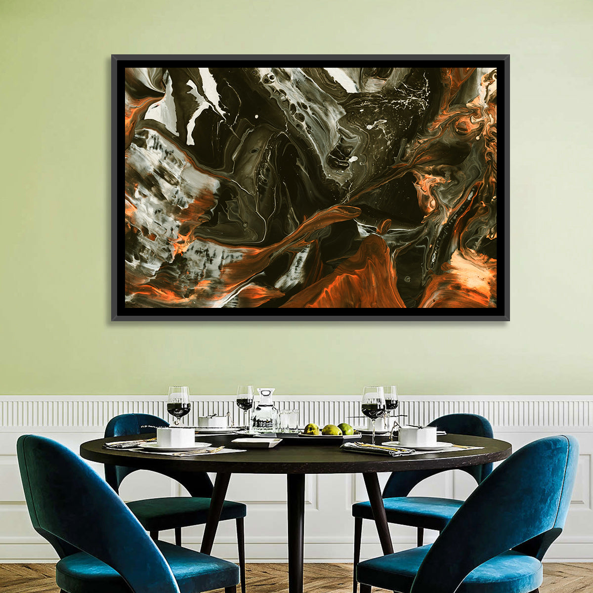 Volcanic Marble Swirl Wall Art in a room, landscape