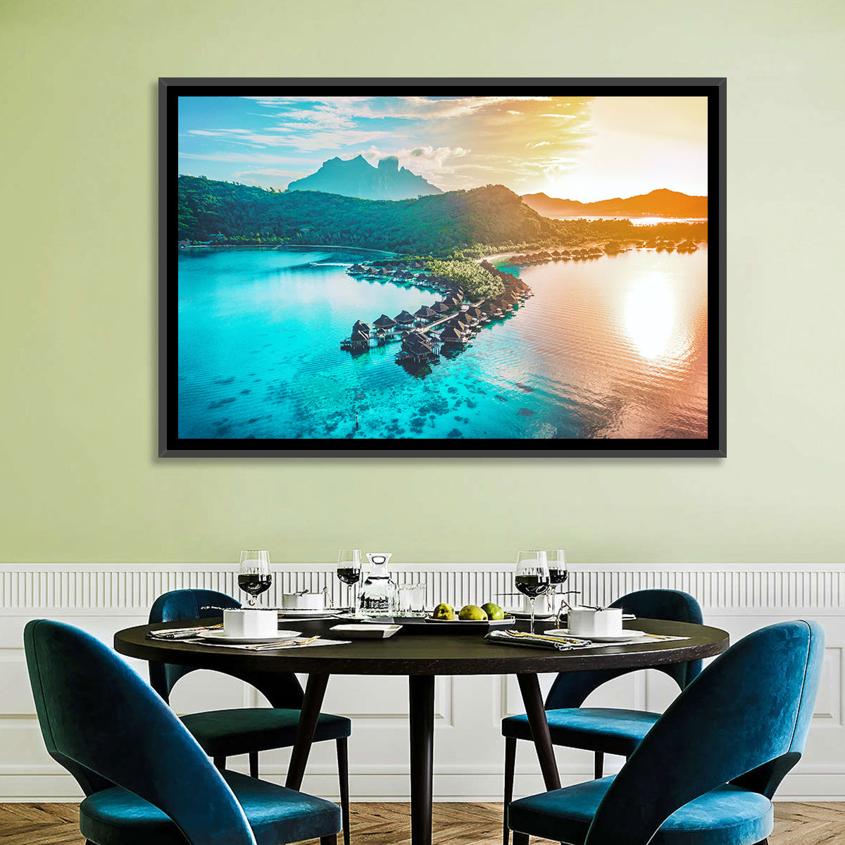 Bora Bora Overwater Bungalows Wall Art in a room, landscape