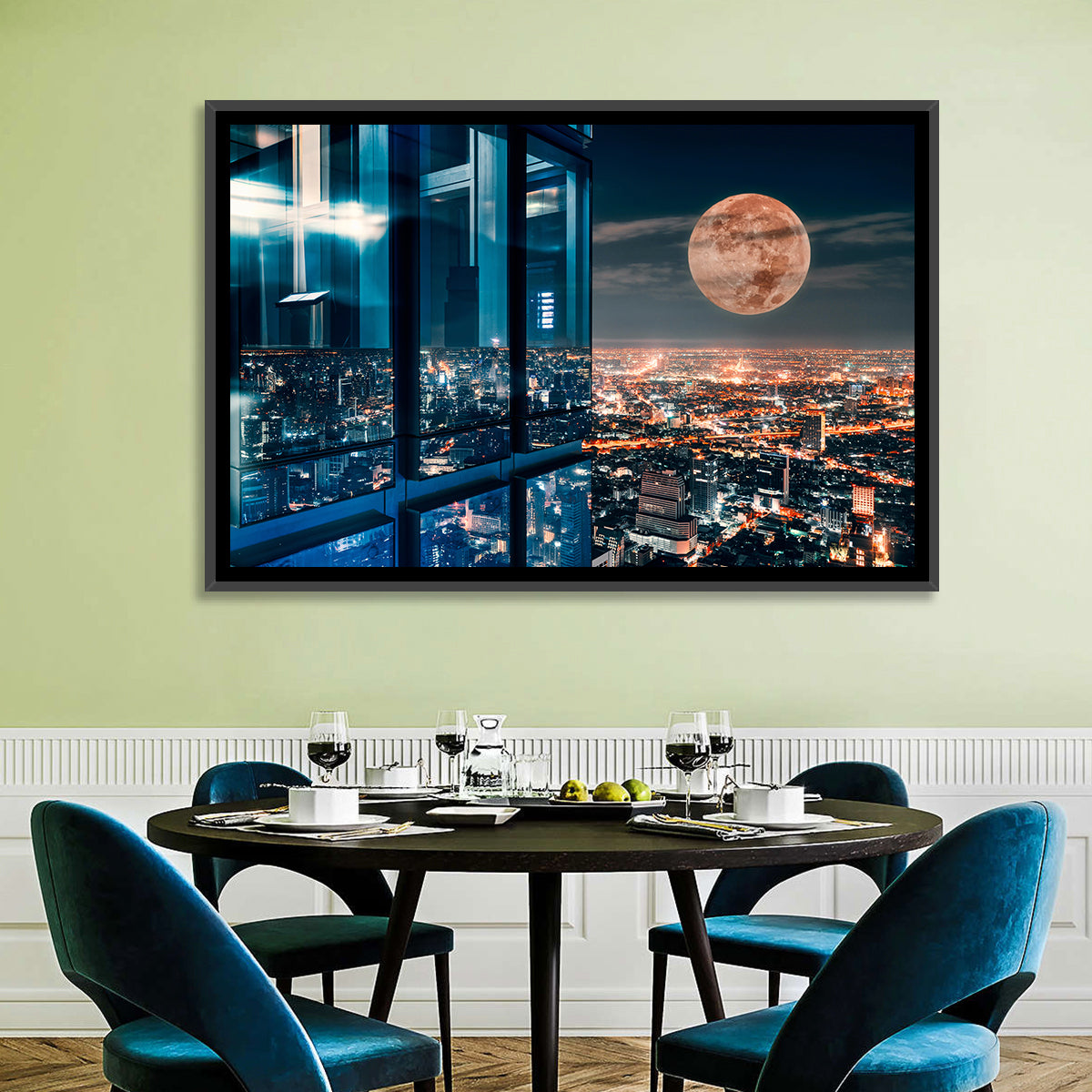 Bangkok Moonlit Skyline Wall Art in a room, landscape