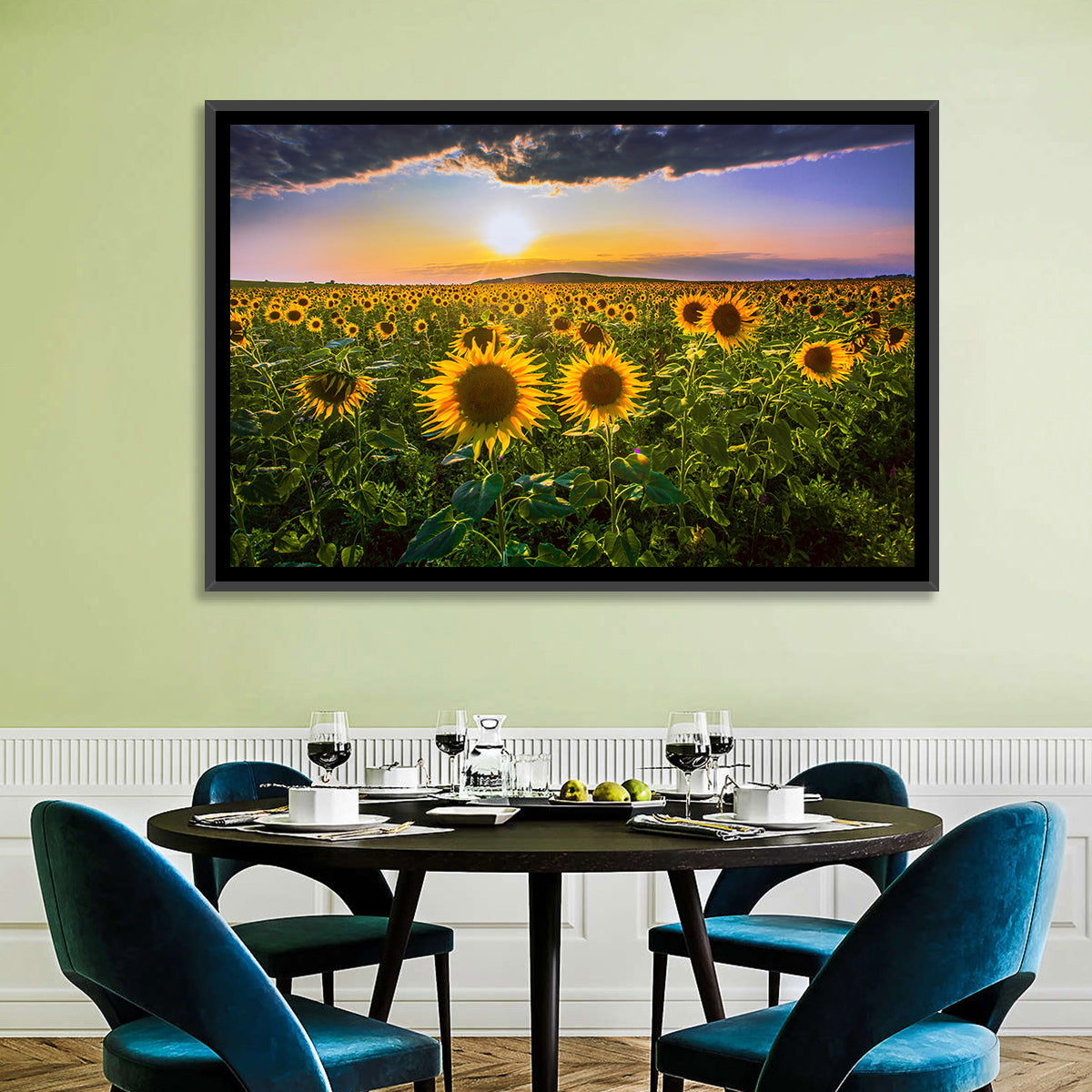 Sunflower Field at Golden Hour Wall Art in a room, landscape