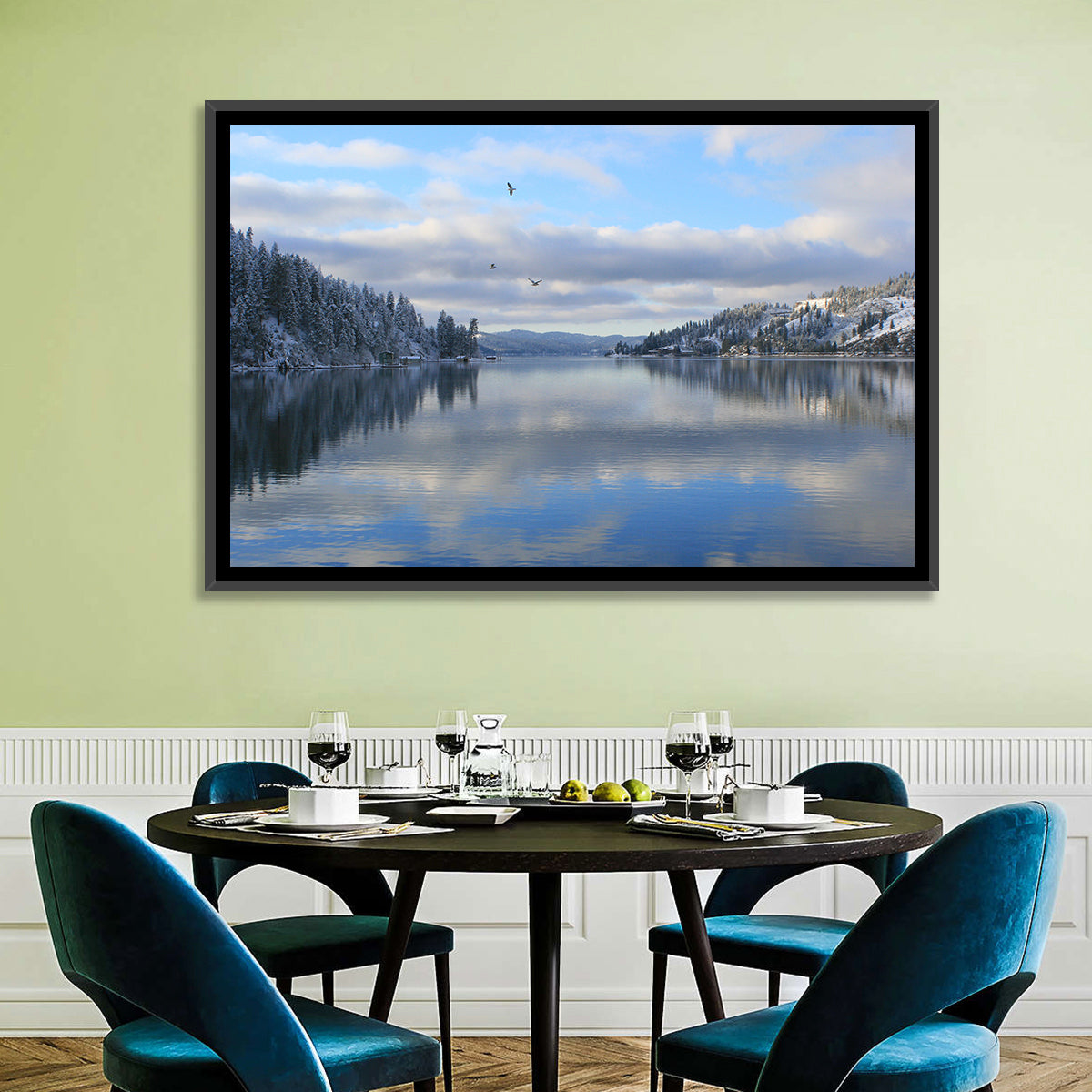 Coeur D Alene Winter Lake Reflection Wall Art in a room, landscape