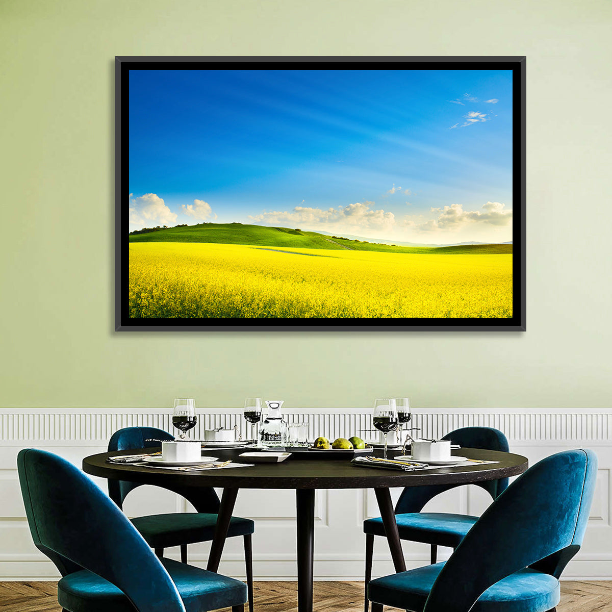 Rapeseed Field and Rolling Hills Under Blue Sky Wall Art in a room, landscape