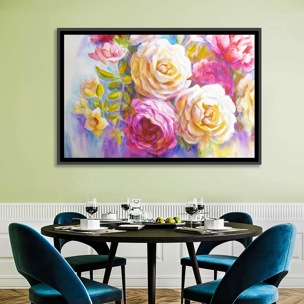 Layered Watercolor Rose Bouquet Wall Art in a room, landscape