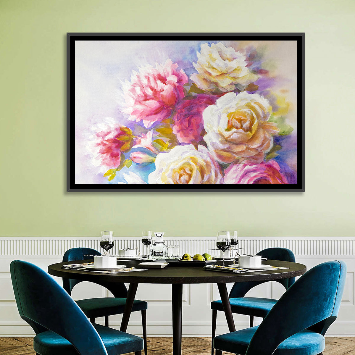 Watercolor Peony Bouquet Wall Art in a room, landscape