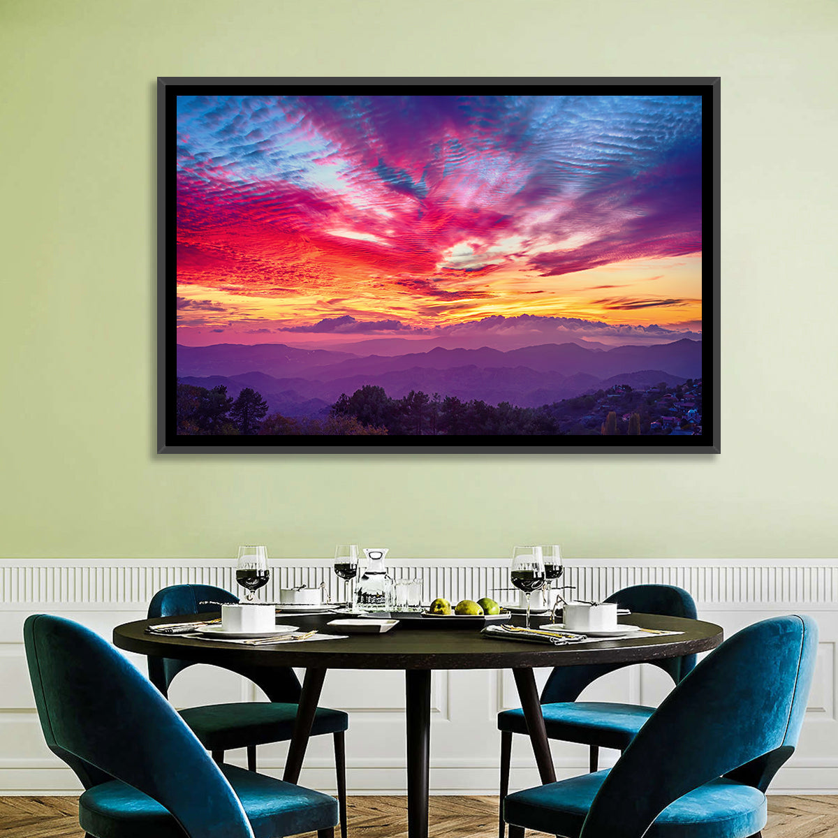 Golden Dusk Cloud Mountains Wall Art in a room, landscape