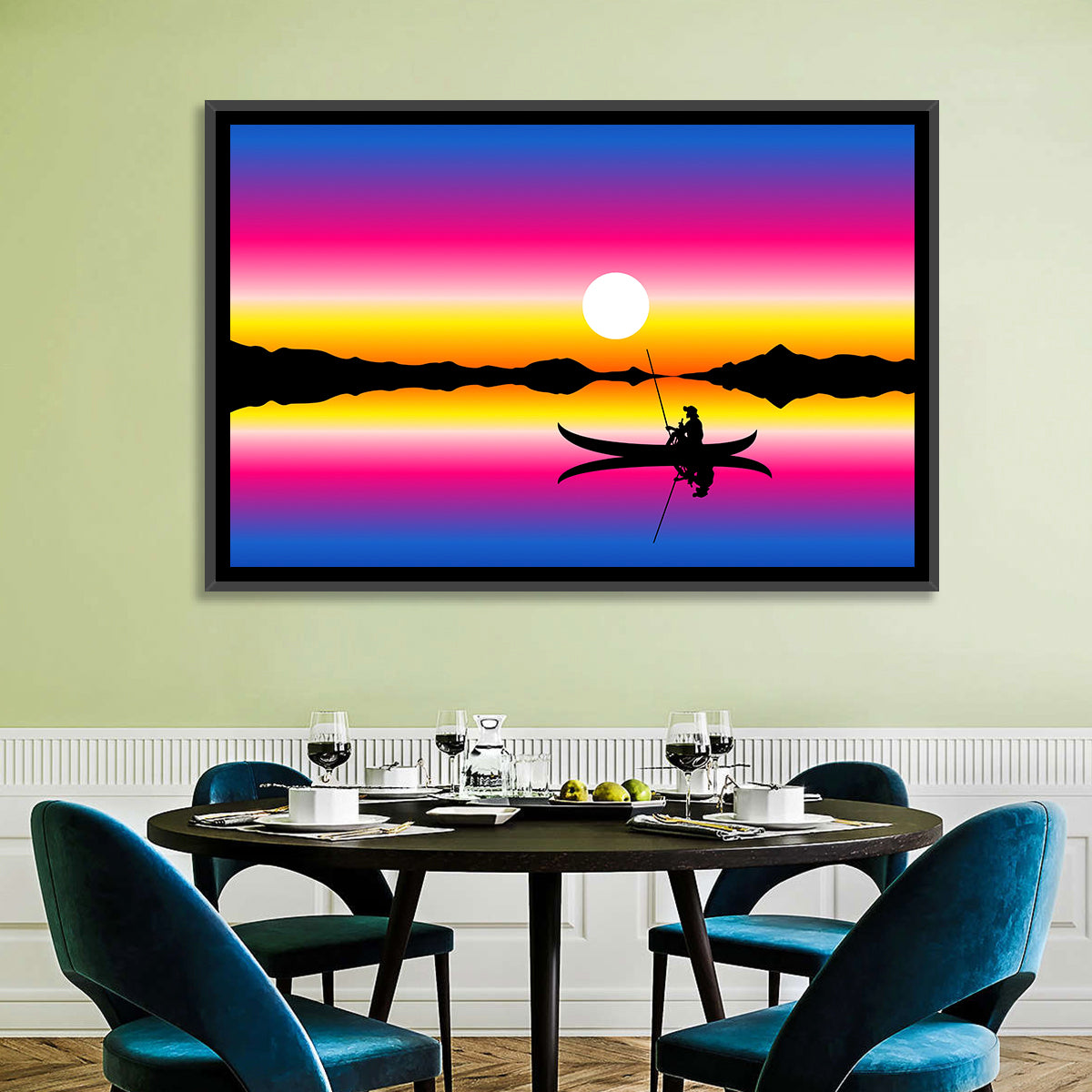 Fisherman Silhouette at Sunset Wall Art in a room, landscape