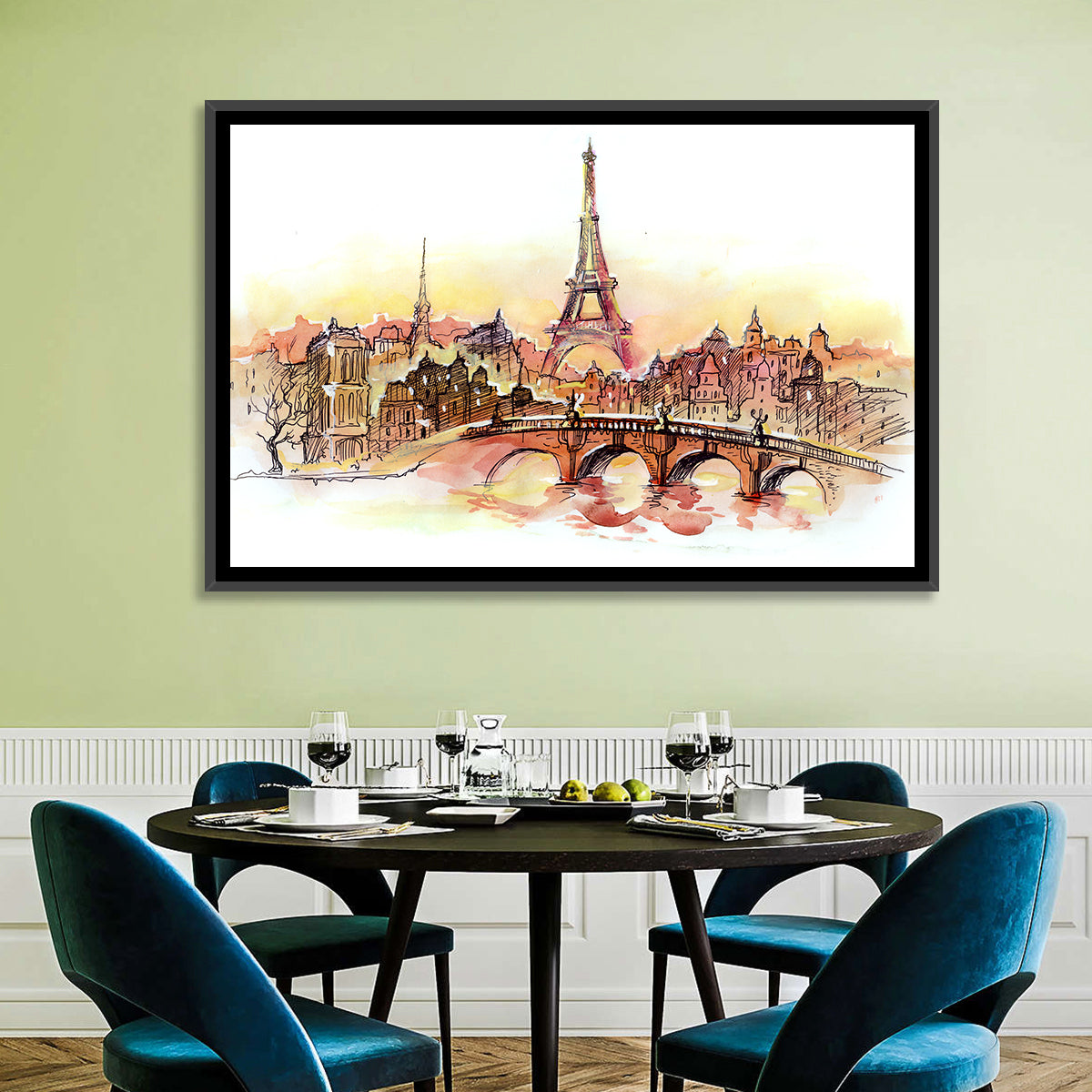 Eiffel Tower Watercolor at Dusk Wall Art