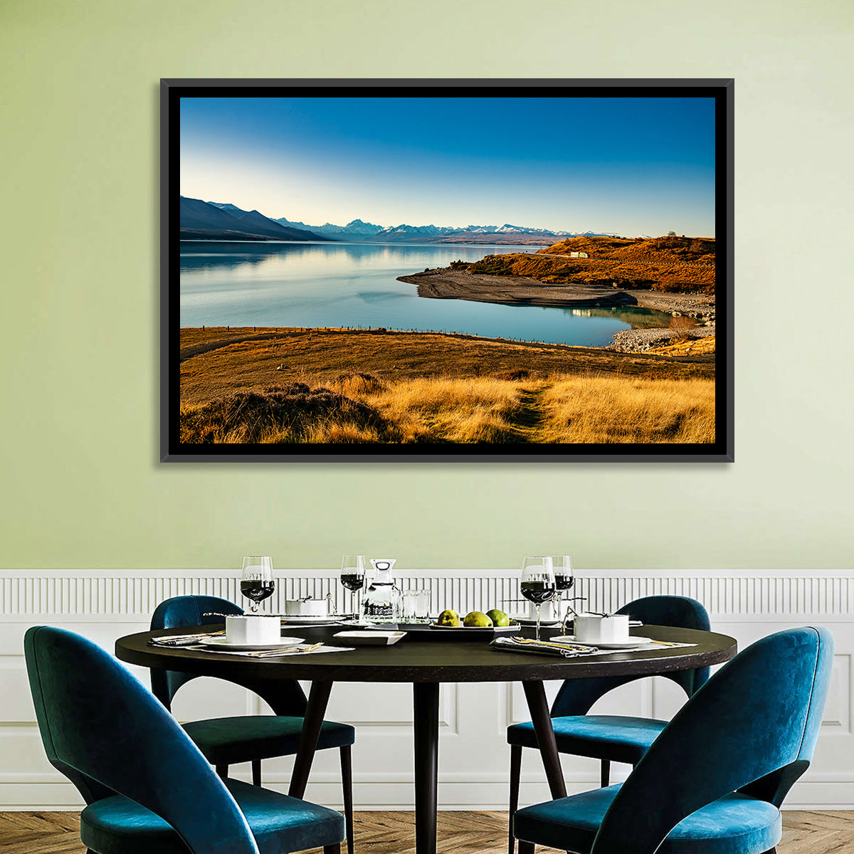 Lake Pukaki Golden Hour with Mount Cook Wall Art in a room, landscape