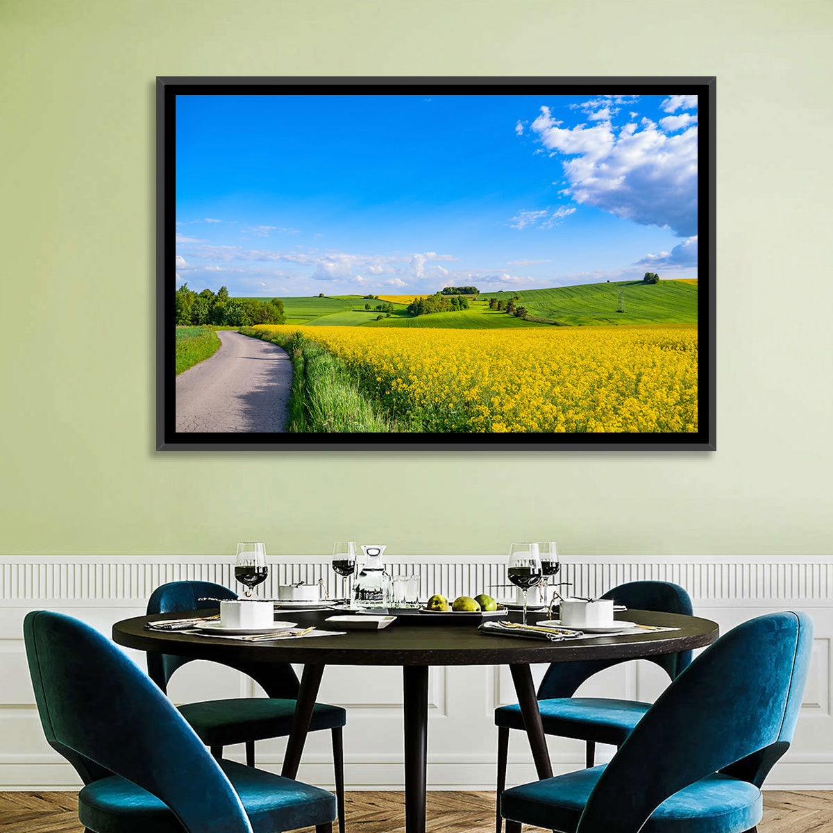 Rapeseed Field Road Under Blue Sky Wall Art