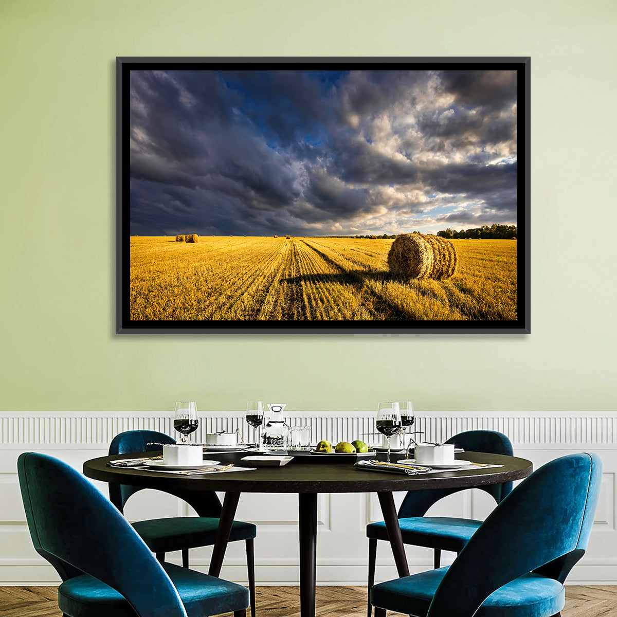 Hay Bale at Golden Hour Wall Art in a room, landscape