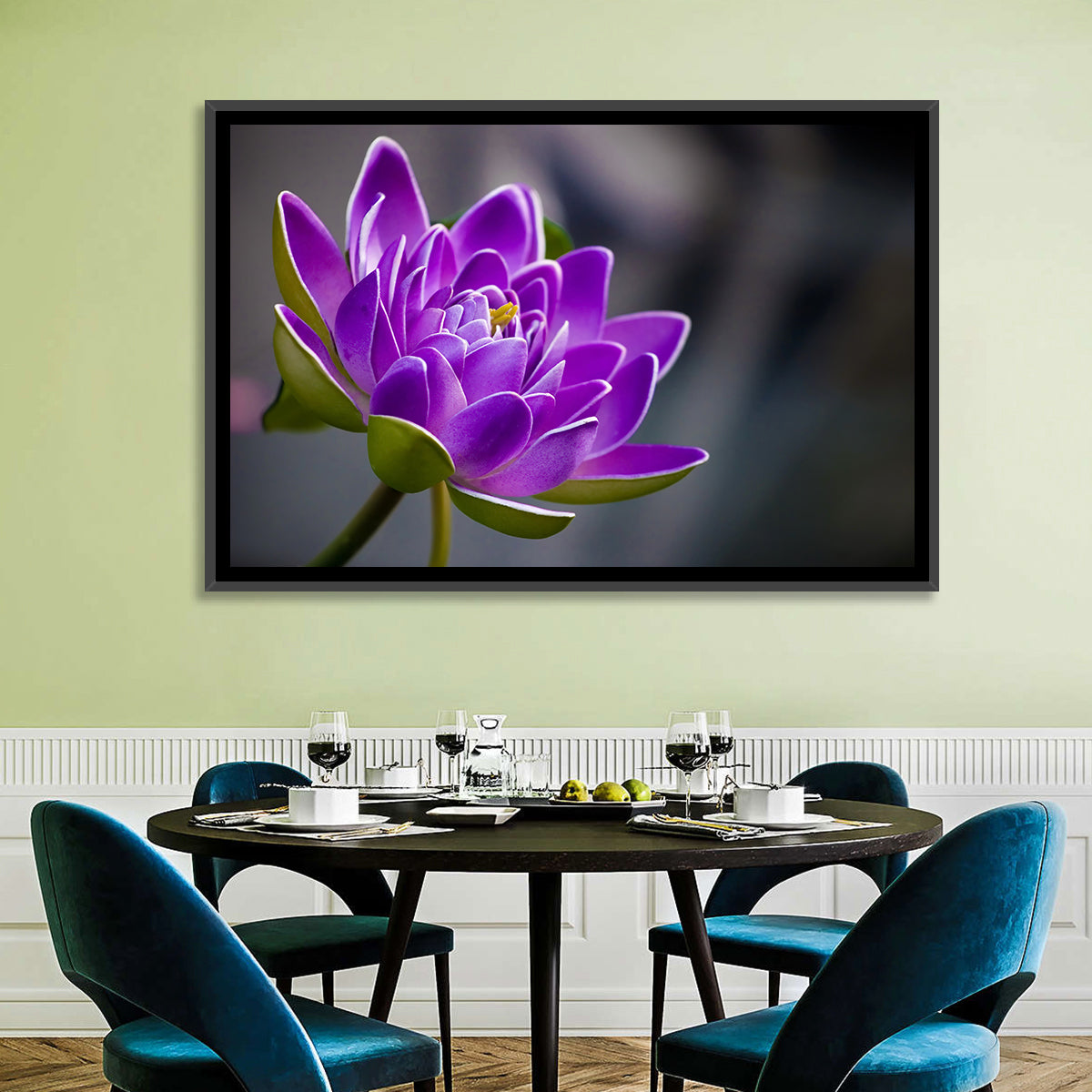 Purple Water Lily Close-up Wall Art in a room, landscape