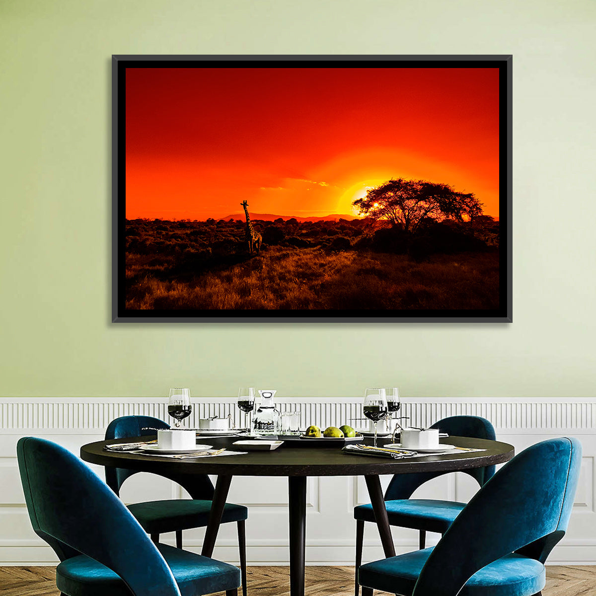 Savanna Sunset with Giraffe Wall Art in a room, landscape