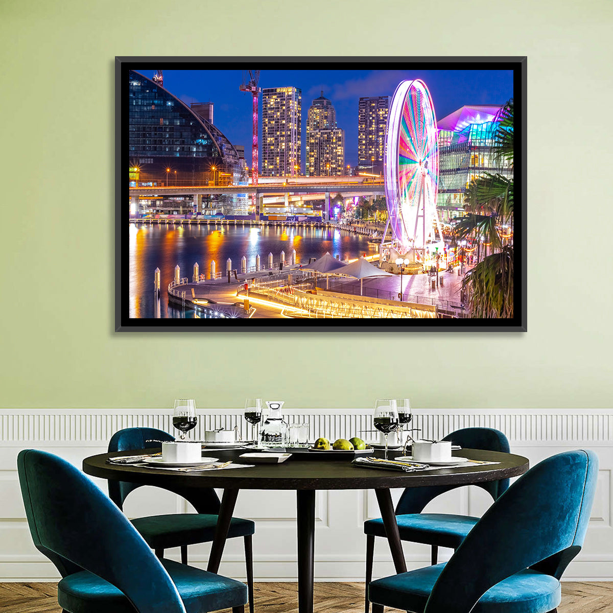 Darling Harbour Nightscape Wall Art in a room, landscape