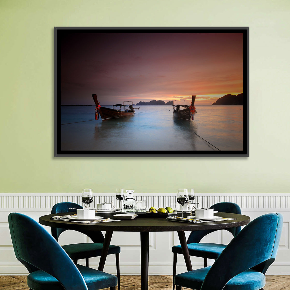 Phi Phi Longtail Boats at Golden Hour Wall Art in a room, landscape