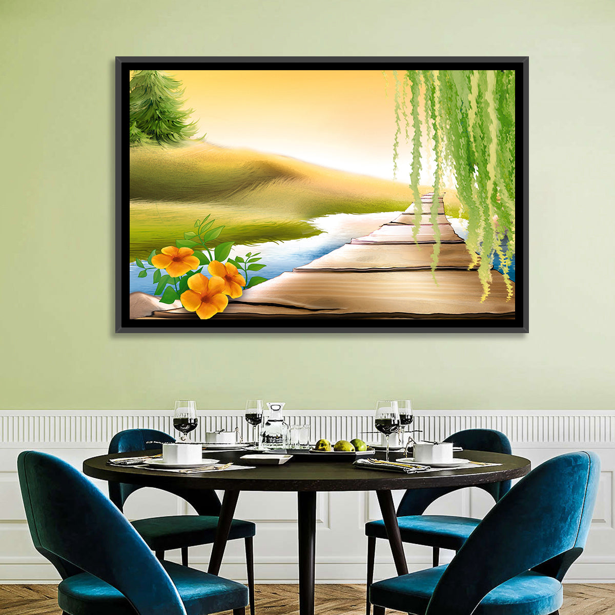 Golden Hour Willow Walkway Wall Art in a room, landscape