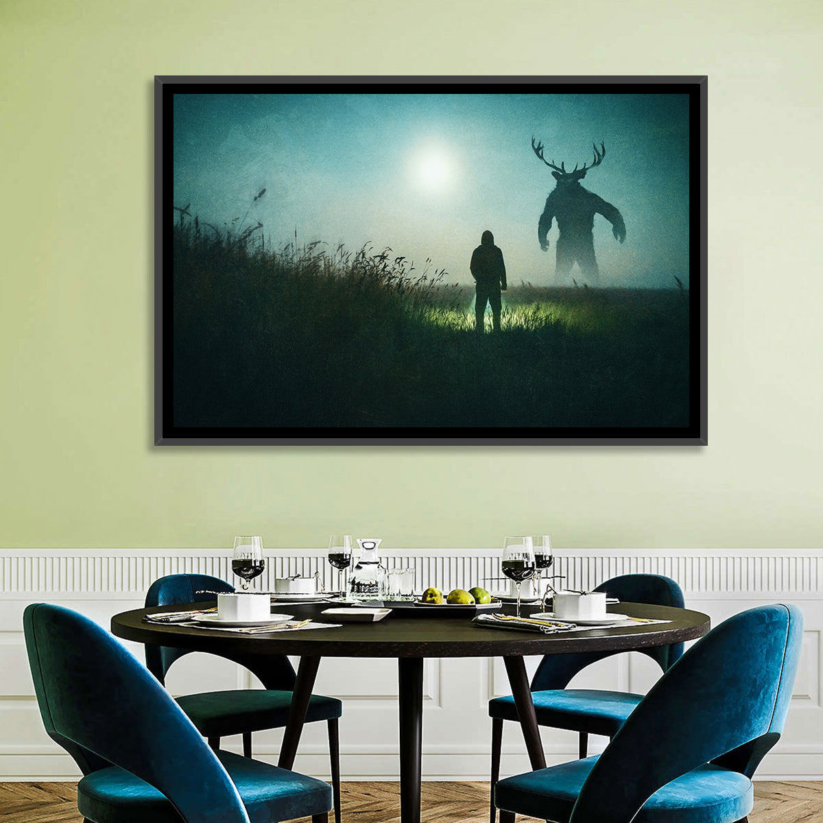 Antlered Shadow in Mist Wall Art in a room, landscape