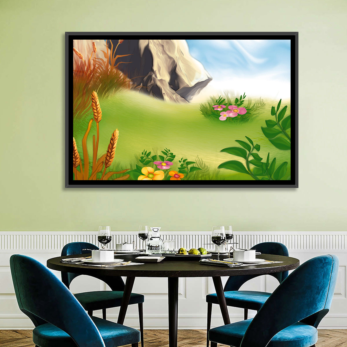 Sunny Mountain Meadow Illustration Wall Art in a room, landscape