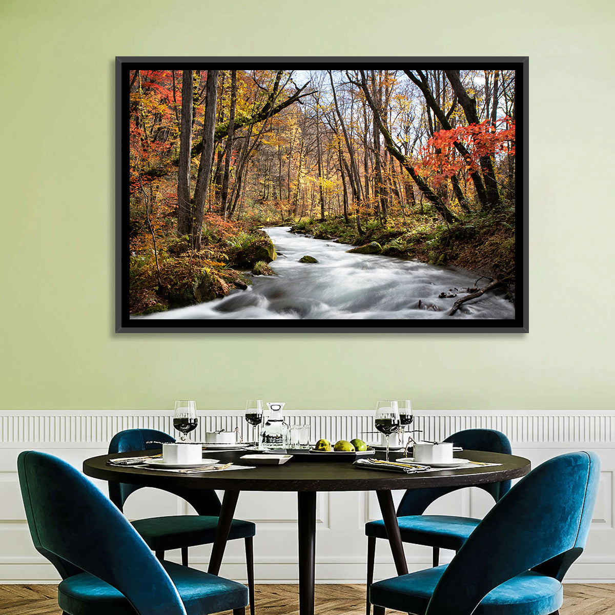 Sunlit Forest Stream Wall Art in a room, landscape