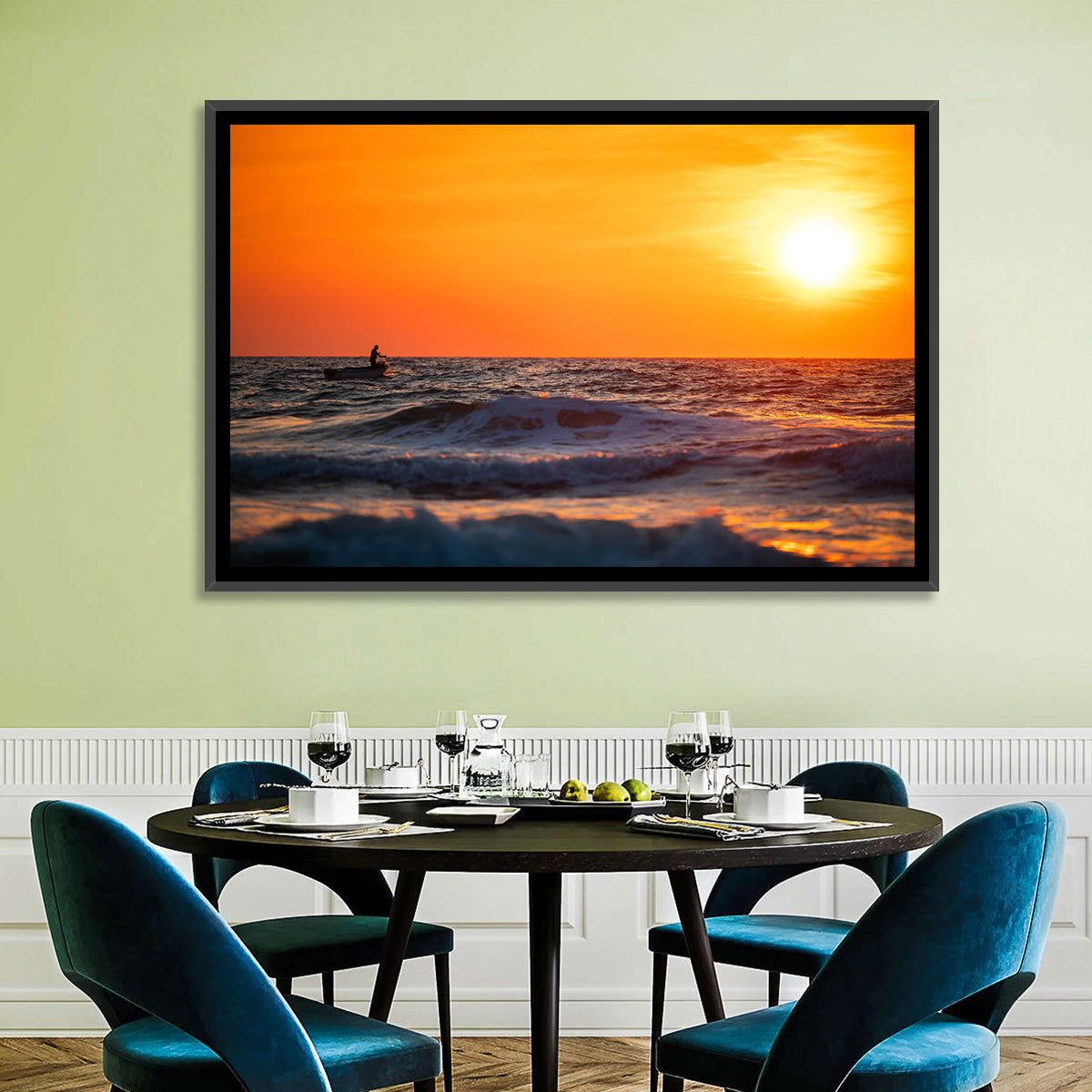 Sunset Fisherman Wall Art in a room, landscape