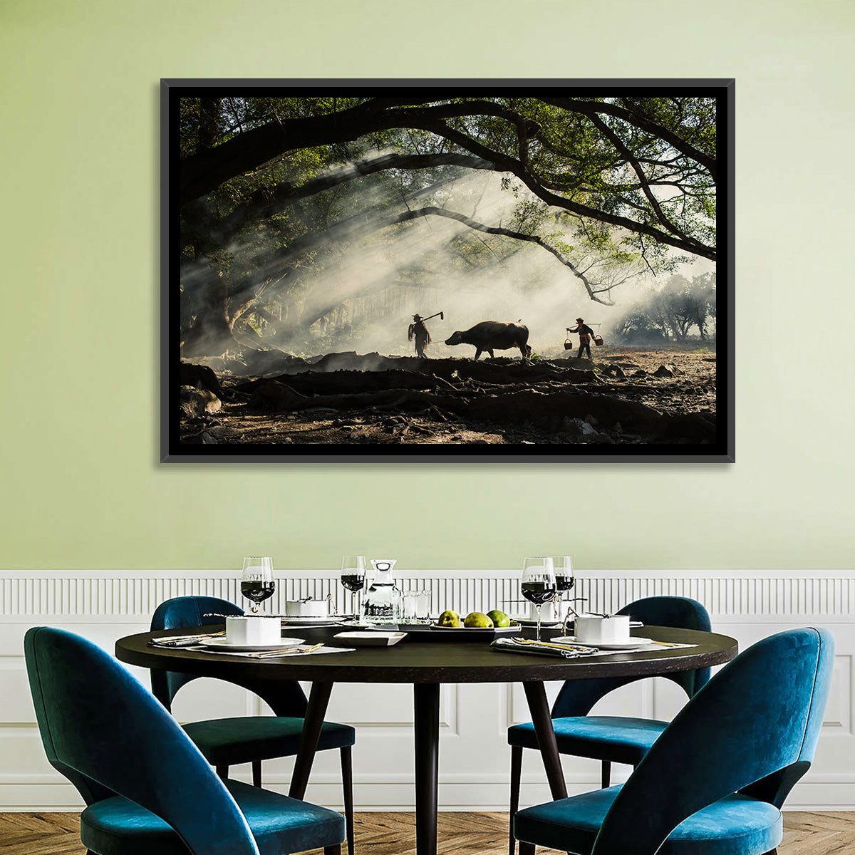 Village Morning with Buffalo Wall Art in a room, landscape
