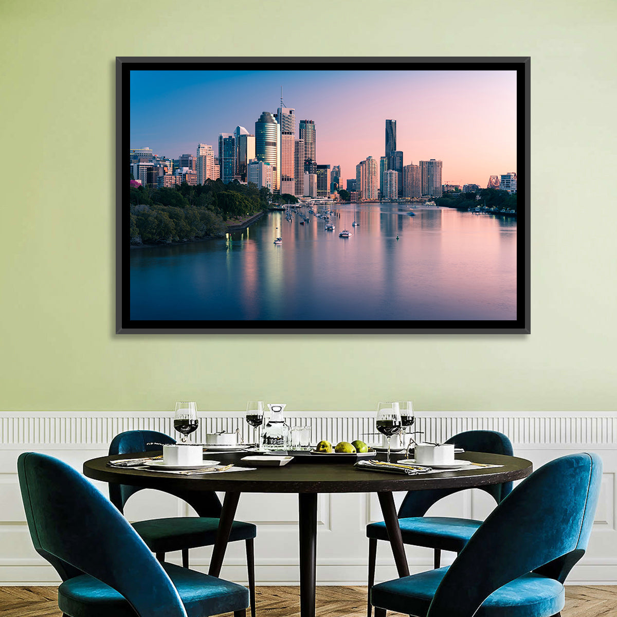 Brisbane River Skyline at Dusk Wall Art in a room, landscape
