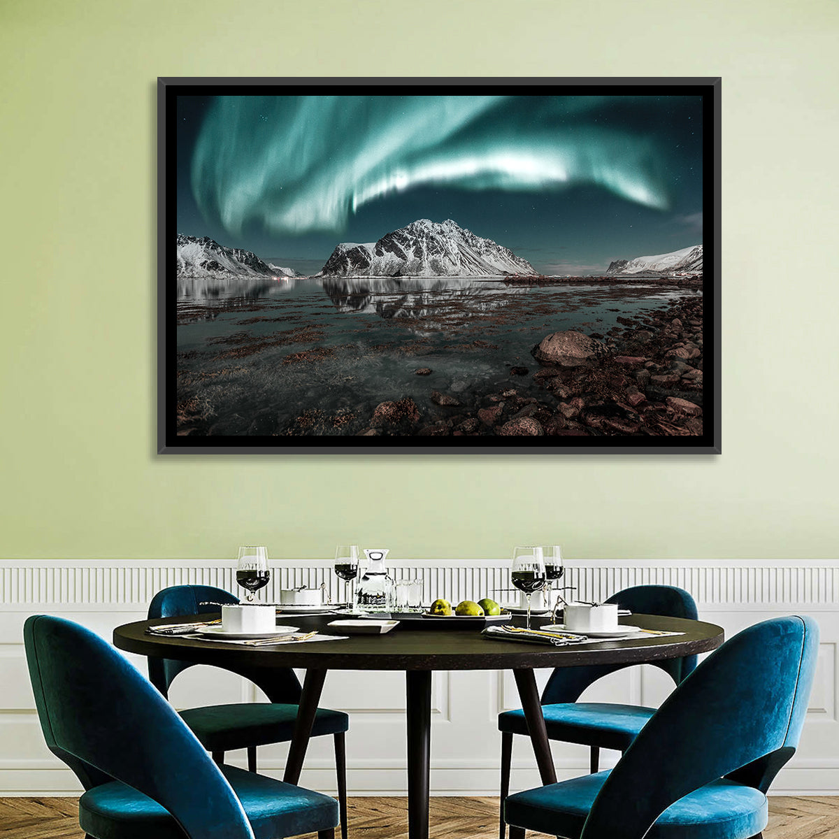 Lofoten Aurora Reflection Wall Art in a room, landscape