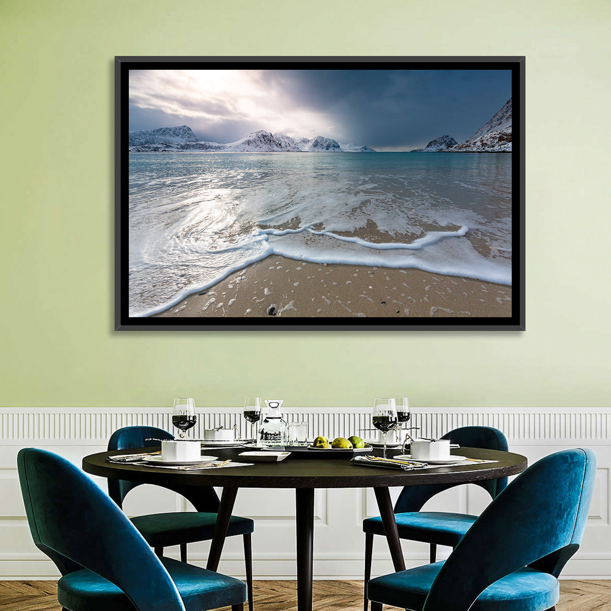 Haukland Beach Winter Light Wall Art in a room, landscape