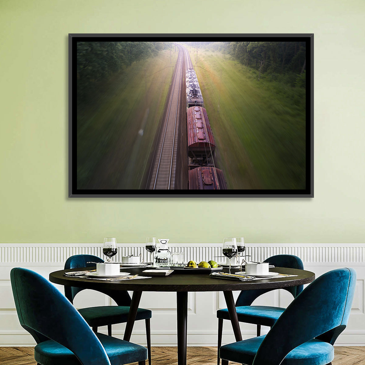 Freight Train Through Forest Wall Art in a room, landscape
