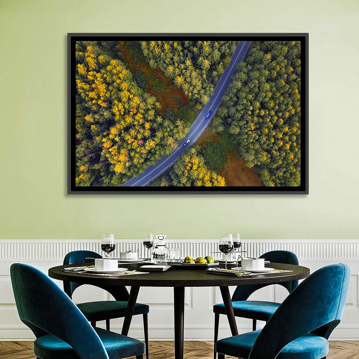 Aerial Autumn Forest Road Wall Art in a room, landscape