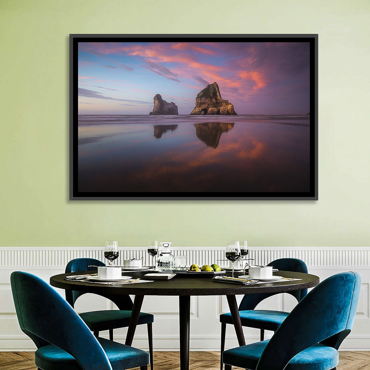 Wharariki Beach Sunrise Wall Art in a room, landscape