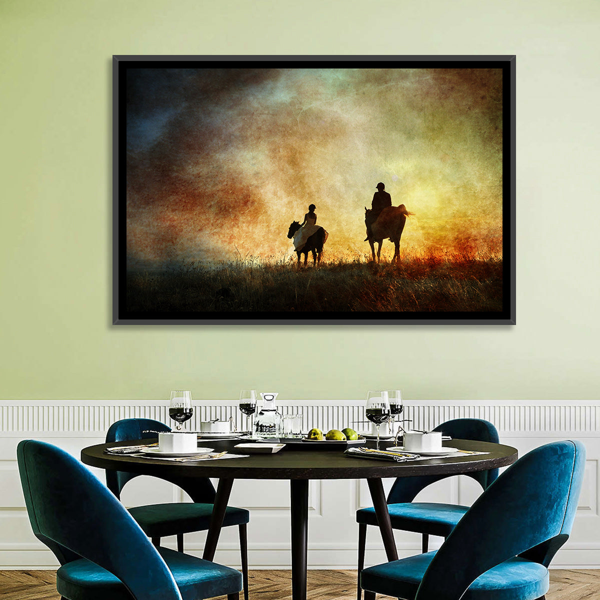 Silhouetted Horse Riders at Sunset Wall Art in a room, landscape